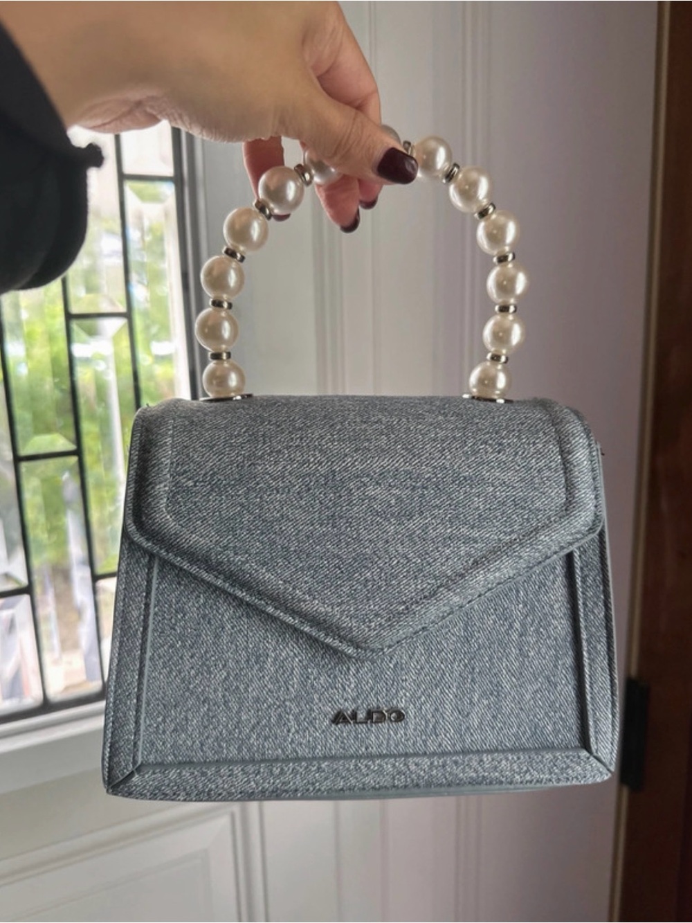 Aldo Metallic Silver Pearl-Handle Mini Top-Handle Bag